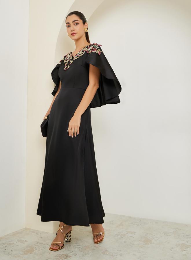 Styli Black Embellished Cape Sleeve Sheath Maxi Dress - Image 2